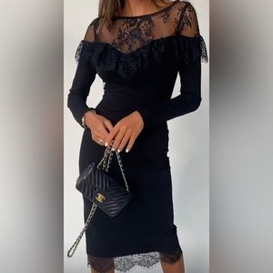 New midi dress, black, size XS, lace inserts, a short slit on the back hem.